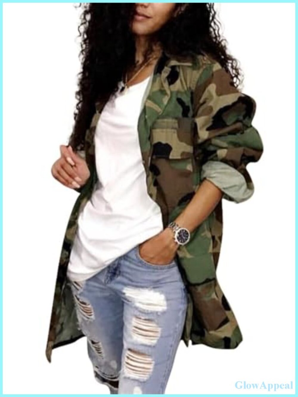 Women's Camo Trench Coat Polyester Spandex Military Style Long Sleeve Plus Size